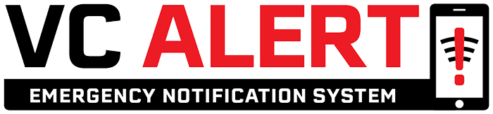 Logo of VC Alert Emergency Notification System with a smartphone icon displaying a red exclamation mark.
